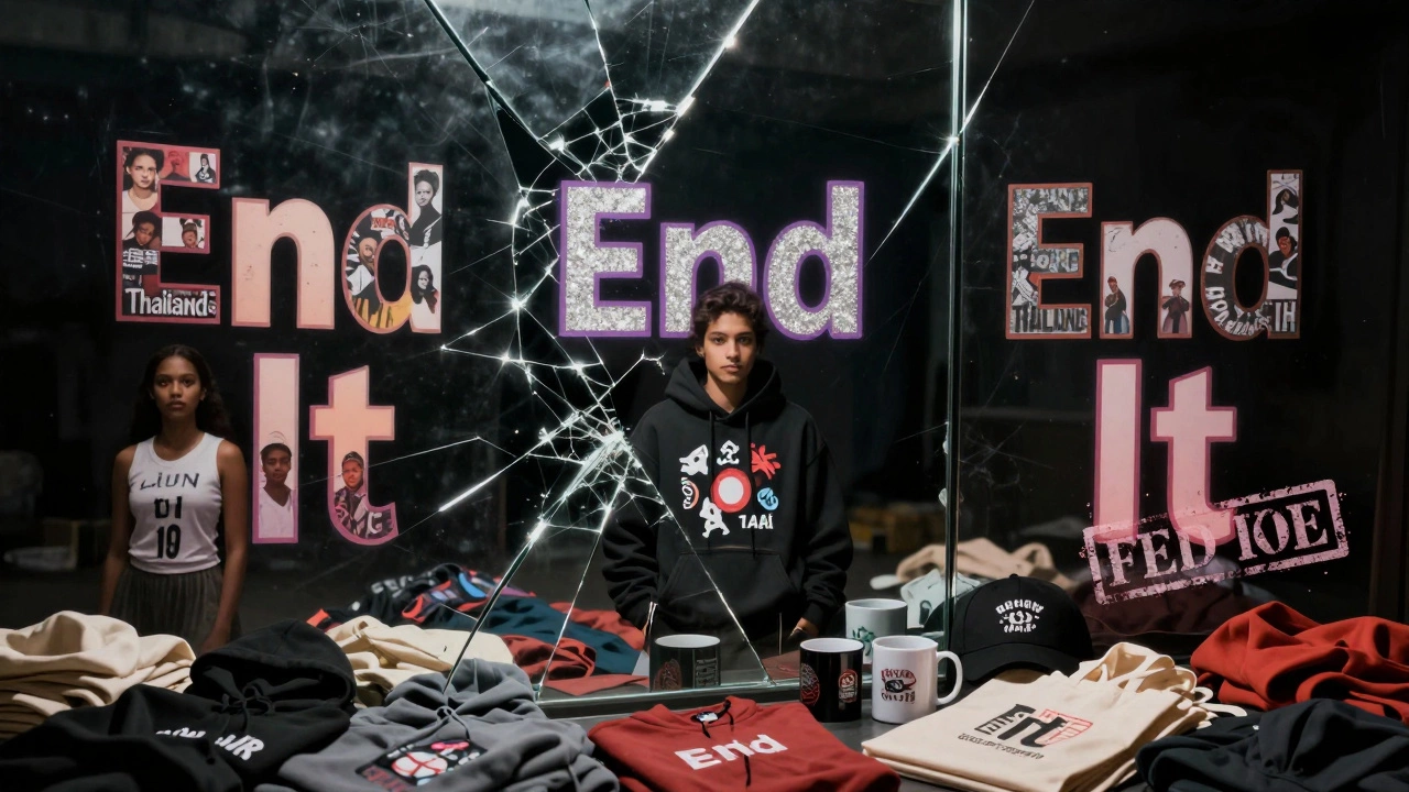 A fractured mirror reflecting three versions of &#039;End It&#039; — activism, influencer branding, and merchandise — with dark voids in the cracks.