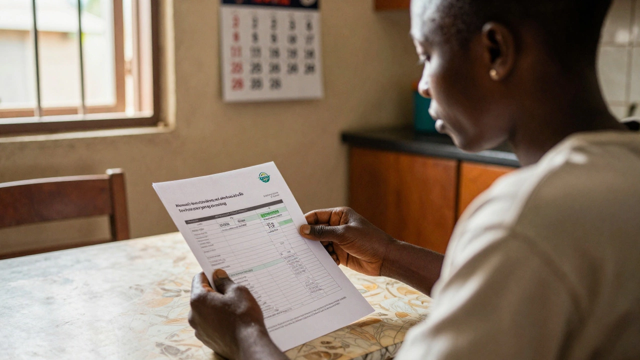 A survivor reviewing a financial report showing direct aid to shelters, sunlight streaming through a window in a quiet home.